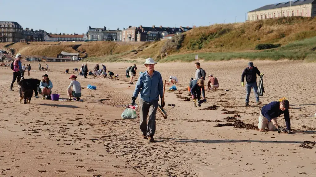Volunteers cleaning the beach, one carrying a broom and bag