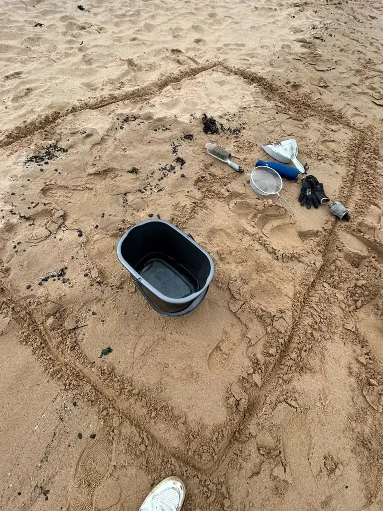Cleanup tools inside a square drawn in beach sand to mark a small work area